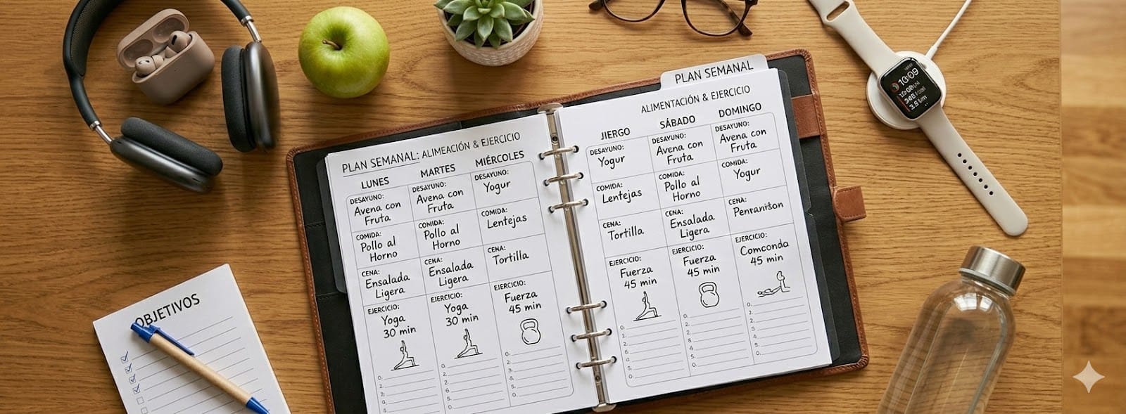 Descubre un plan semanal de alimentación saludable y rutina de ejercicio fácil de seguir para mejorar tu salud y crear hábitos sostenibles.